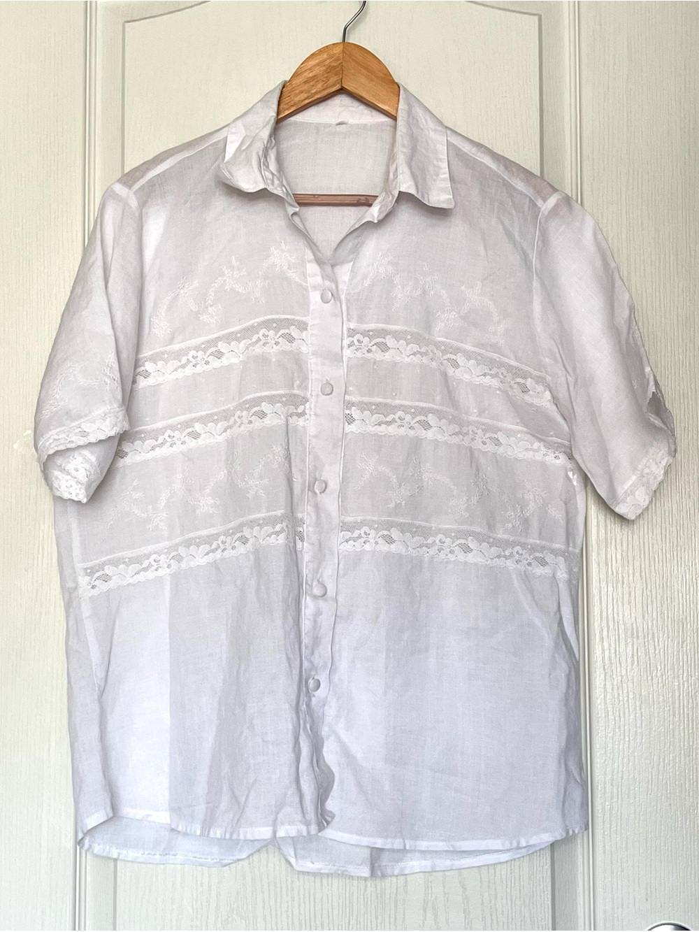 Vintage Romantic White Lace Blouse Short Sleeve Cotton Linen Embroidered Shirt L
